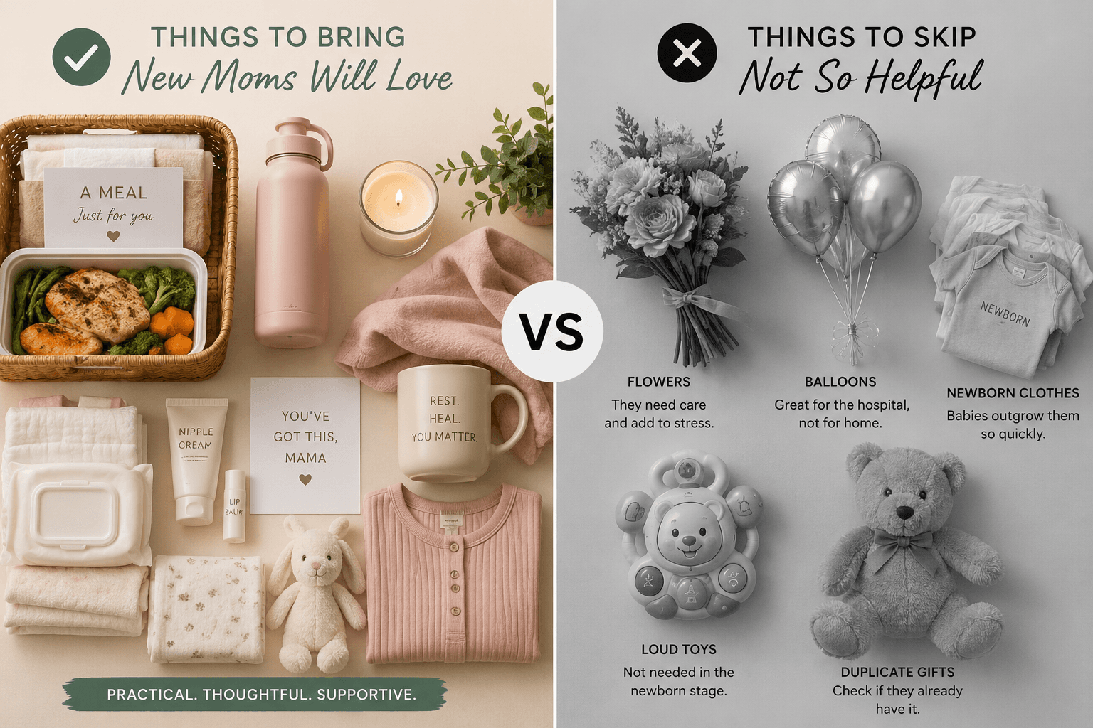 Practical gifts vs non-practical gifts for new moms, illustrated with a baby bottle and a diaper bag