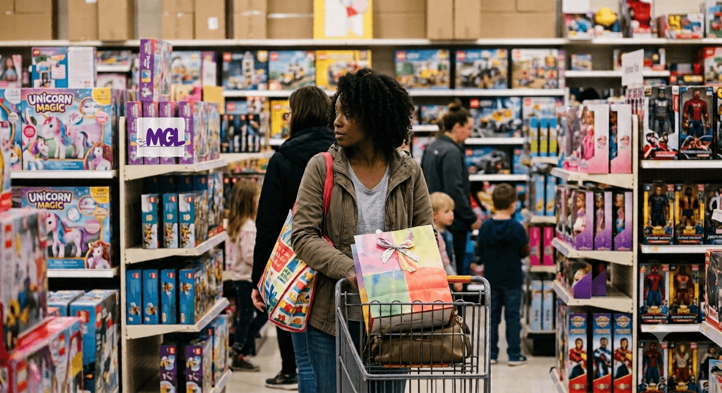 Woman browsing toy store shelves, looking overwhelmed