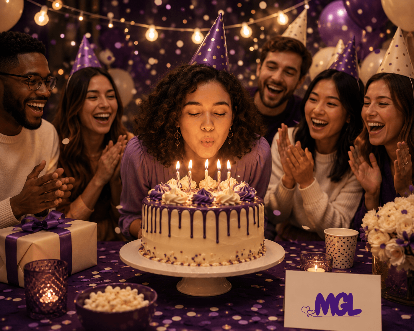 People at a birthday party, looking happy and excited