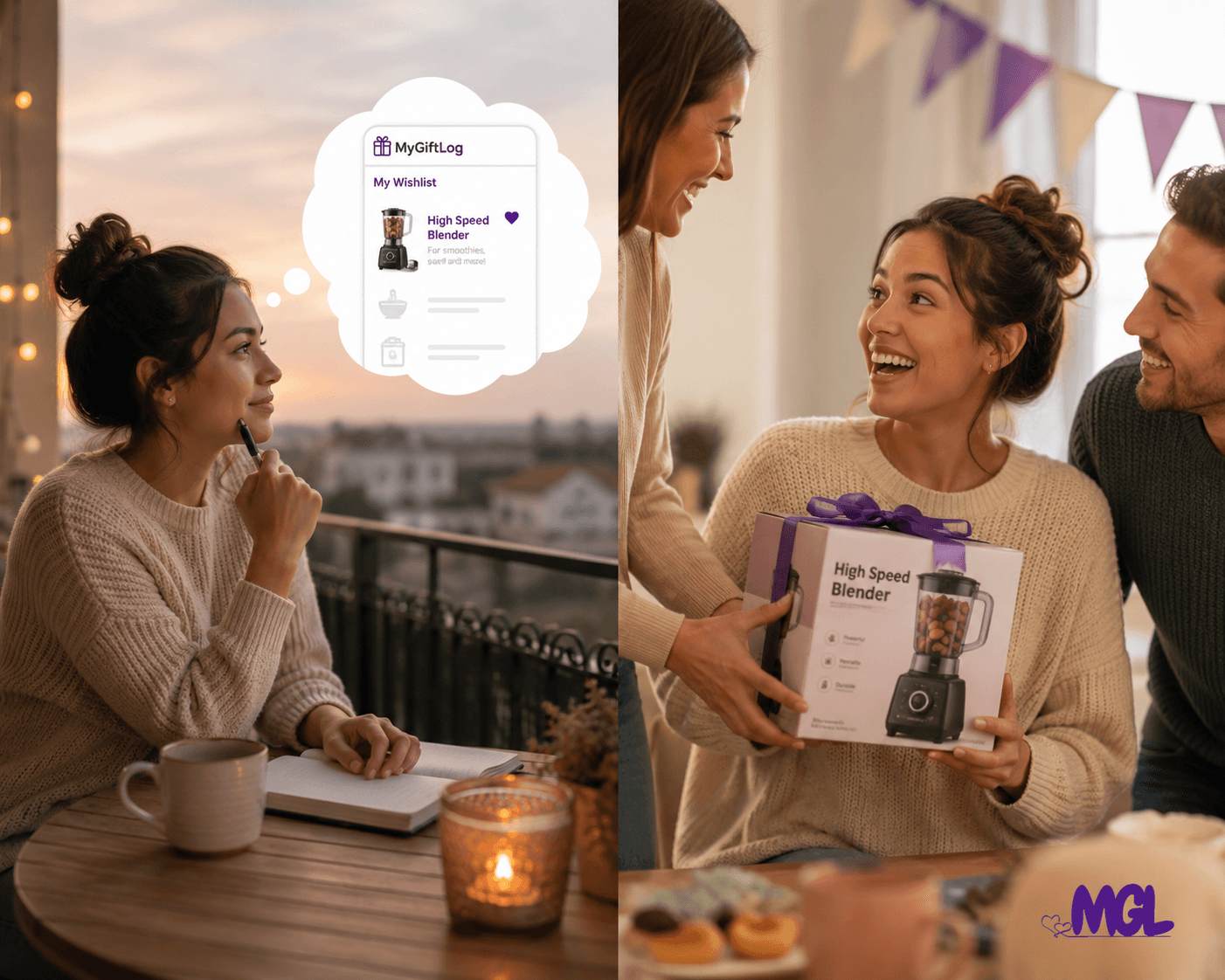 Woman receiving gifts, looking happy and surprised, with a thought bubble showing a gift box
